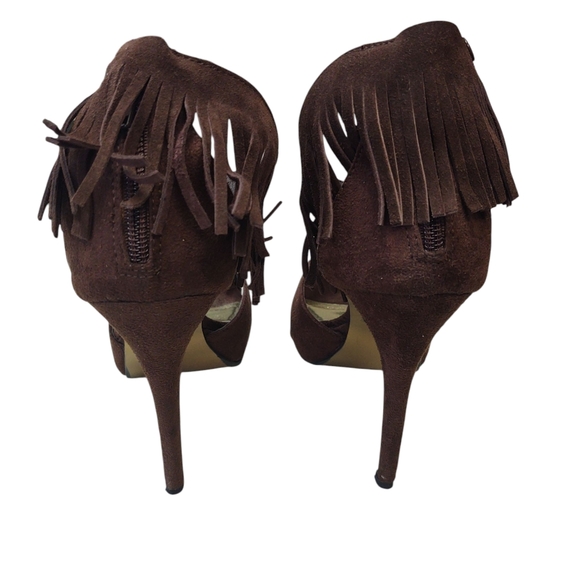*SALE* Preloved Ann Michelle Suede Chocolate Fringe Stiletto Heels Size 9 - Picture 4 of 9